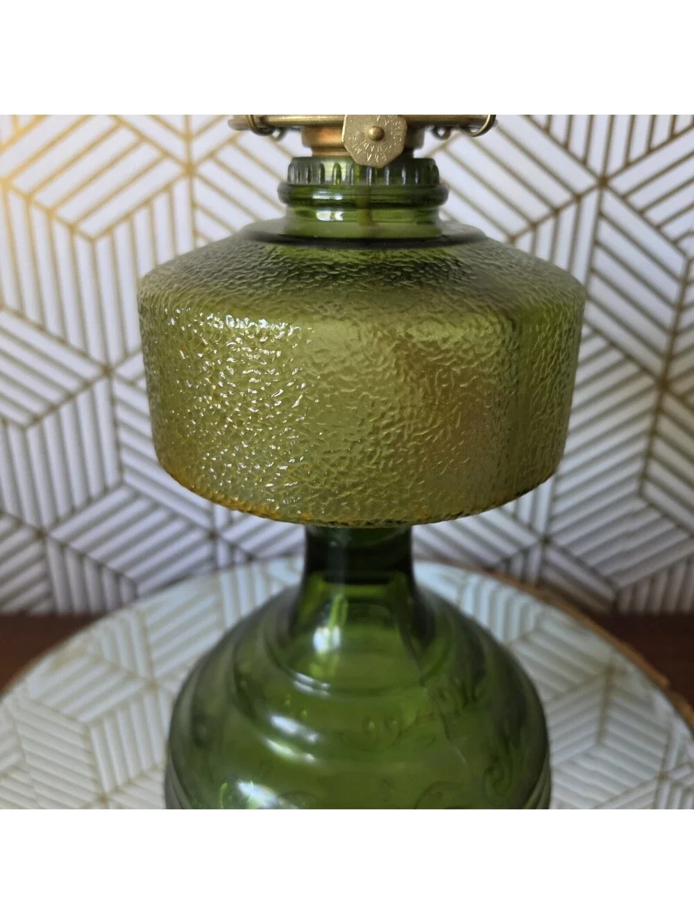 Vintage Green Embossed Pressed Glass Oil Lamp W Matching Colored Hurricane Shade